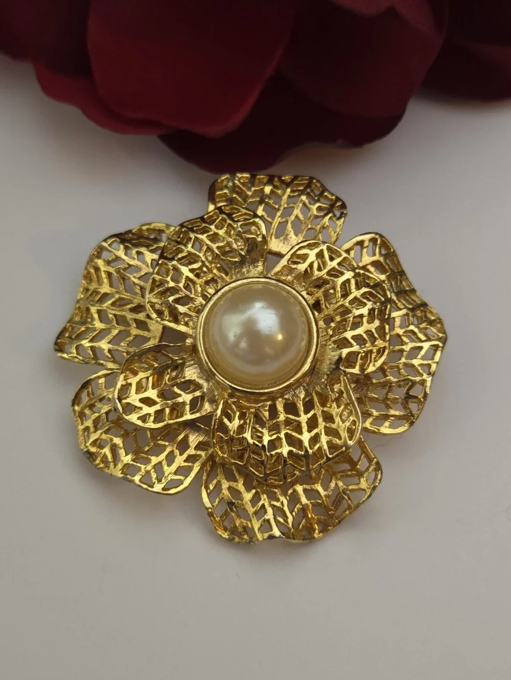 Vintage Gold Plated Open Metal Work Flower Petal & Faux Pearl Brooch